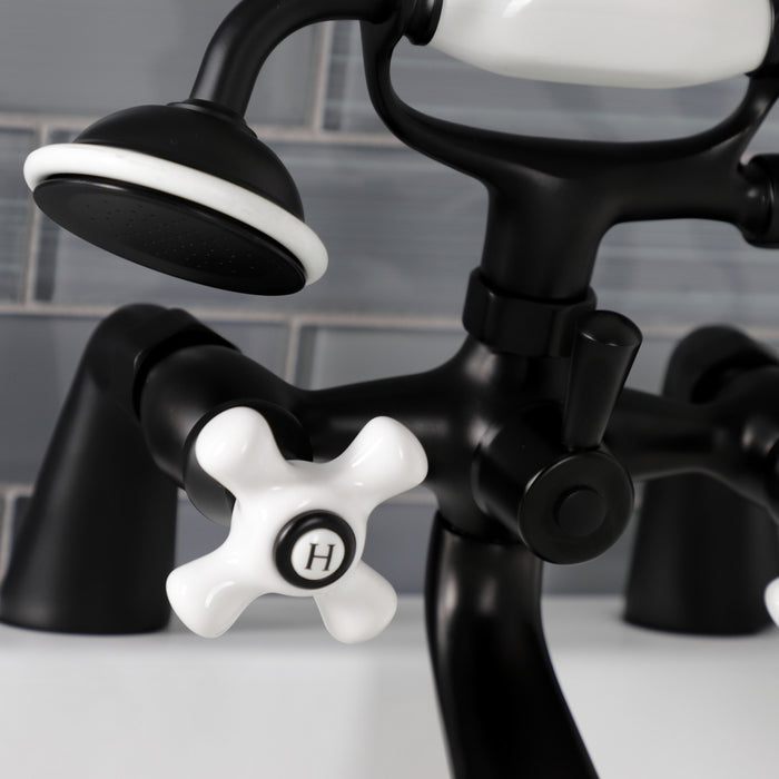 Kingston Heirloom KS267PXMB - Kingston Three-Handle 2-Hole Deck-Mount Clawfoot Tub Faucet with Hand Shower, Matte Black