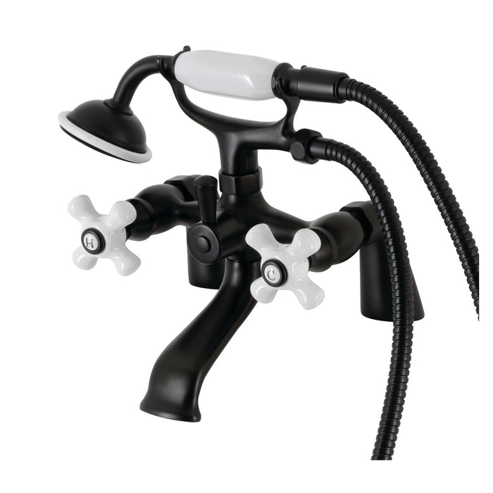 Kingston Heirloom KS267PXMB - Kingston Three-Handle 2-Hole Deck-Mount Clawfoot Tub Faucet with Hand Shower, Matte Black