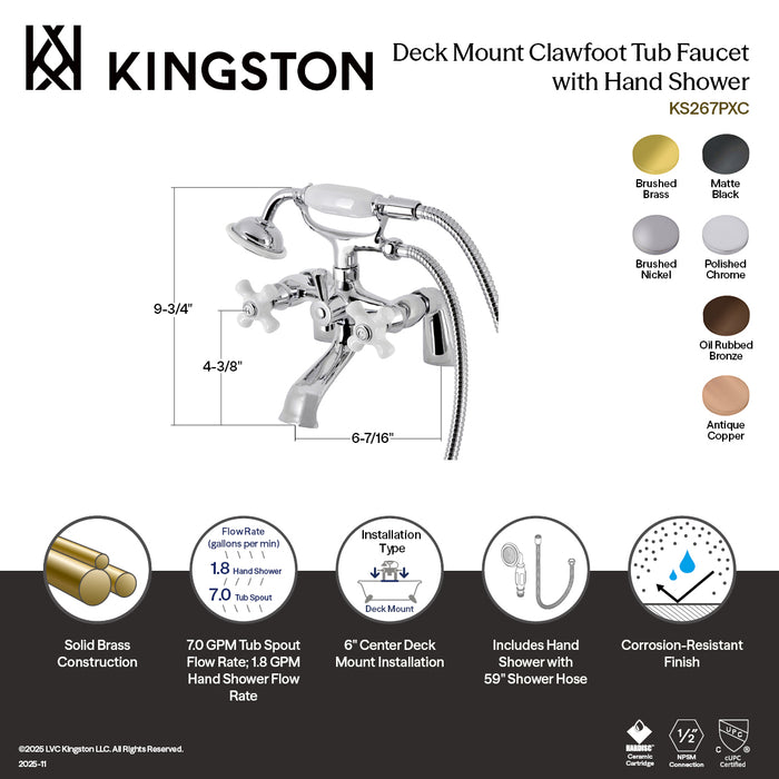 Kingston Heirloom KS267PXSB - Kingston Three-Handle 2-Hole Deck-Mount Clawfoot Tub Faucet with Hand Shower, Brushed Brass
