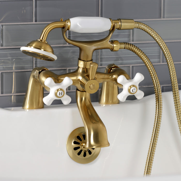 Kingston Heirloom KS267PXSB - Kingston Three-Handle 2-Hole Deck-Mount Clawfoot Tub Faucet with Hand Shower, Brushed Brass