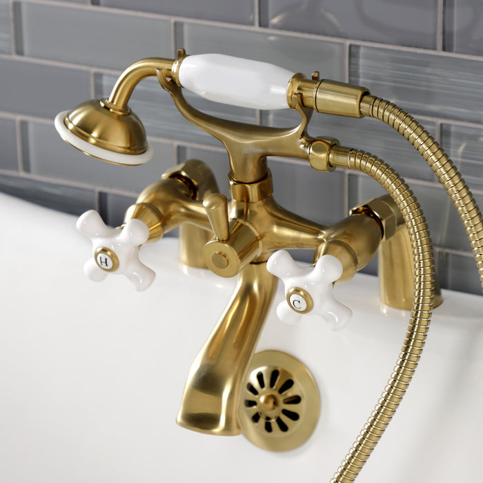 Kingston Heirloom KS267PXSB - Kingston Three-Handle 2-Hole Deck-Mount Clawfoot Tub Faucet with Hand Shower, Brushed Brass