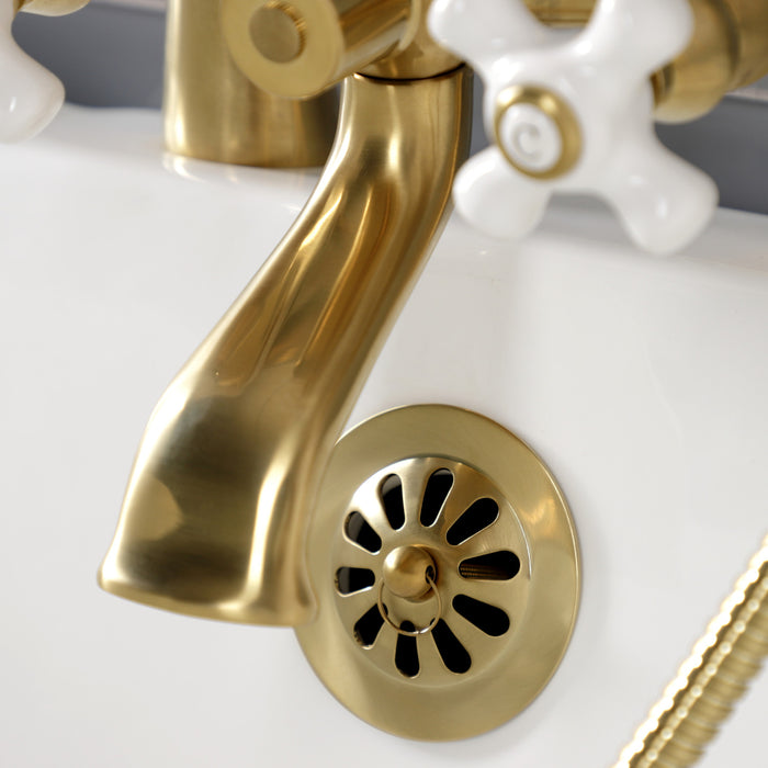 Kingston Heirloom KS267PXSB - Kingston Three-Handle 2-Hole Deck-Mount Clawfoot Tub Faucet with Hand Shower, Brushed Brass