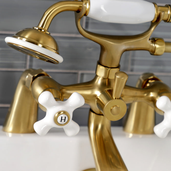 Kingston Heirloom KS267PXSB - Kingston Three-Handle 2-Hole Deck-Mount Clawfoot Tub Faucet with Hand Shower, Brushed Brass