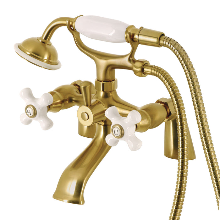 Kingston Heirloom KS267PXSB - Kingston Three-Handle 2-Hole Deck-Mount Clawfoot Tub Faucet with Hand Shower, Brushed Brass