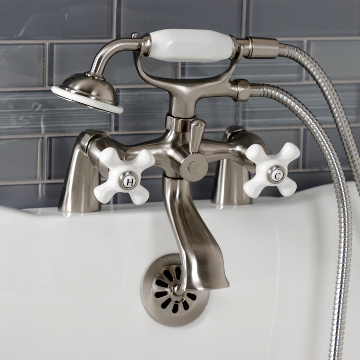 Kingston Heirloom KS267PXSN - Kingston Three-Handle 2-Hole Deck-Mount Clawfoot Tub Faucet with Hand Shower, Brushed Nickel