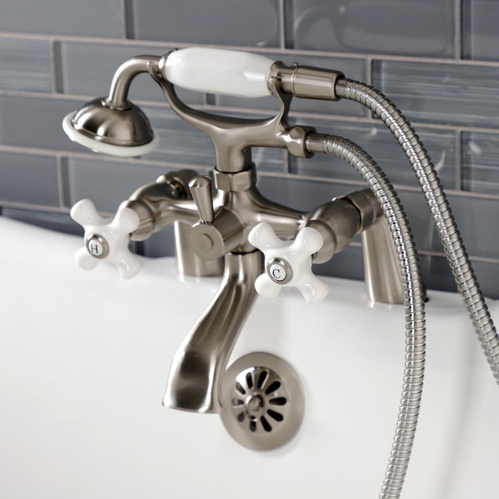 Kingston Heirloom KS267PXSN - Kingston Three-Handle 2-Hole Deck-Mount Clawfoot Tub Faucet with Hand Shower, Brushed Nickel