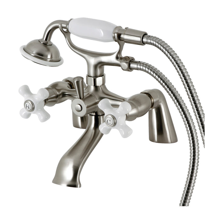 Kingston Heirloom KS267PXSN - Kingston Three-Handle 2-Hole Deck-Mount Clawfoot Tub Faucet with Hand Shower, Brushed Nickel