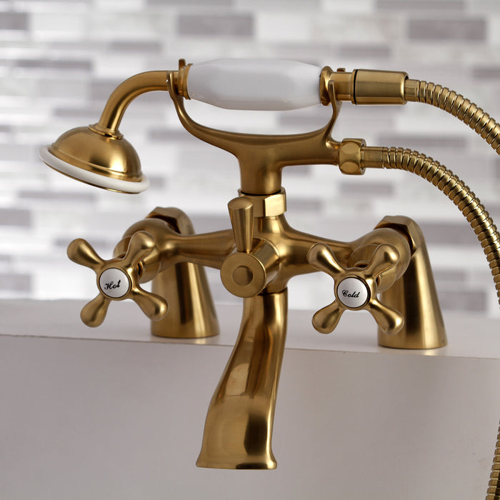 Kingston Heirloom KS267SB - Kingston Three-Handle 2-Hole Deck-Mount Clawfoot Tub Faucet with Hand Shower, Brushed Brass