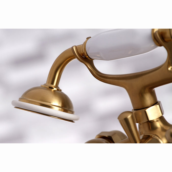 Kingston Heirloom KS267SB - Kingston Three-Handle 2-Hole Deck-Mount Clawfoot Tub Faucet with Hand Shower, Brushed Brass