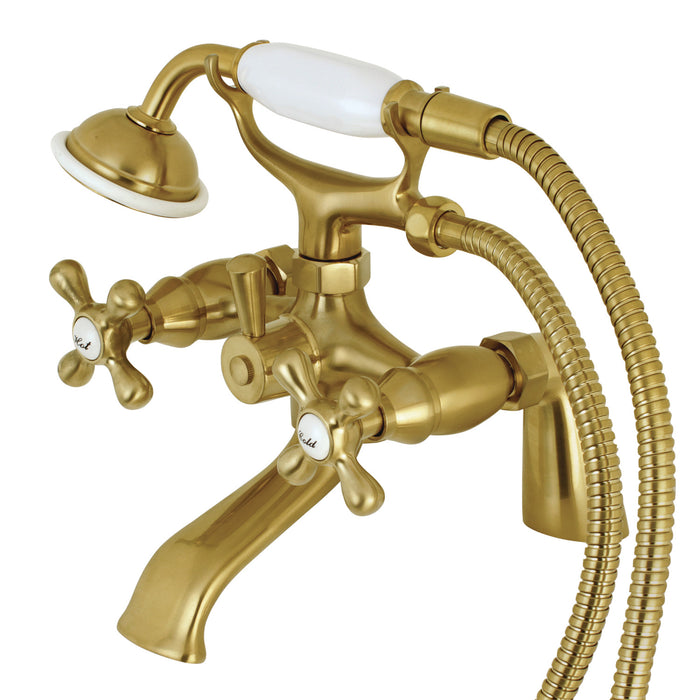 Kingston Heirloom KS267SB - Kingston Three-Handle 2-Hole Deck-Mount Clawfoot Tub Faucet with Hand Shower, Brushed Brass