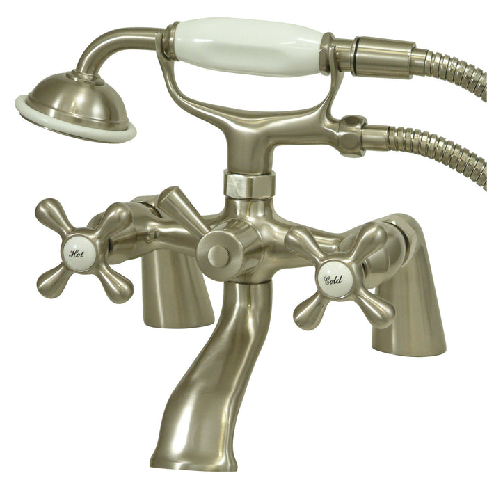 Kingston Heirloom KS267SN - Kingston Three-Handle 2-Hole Deck-Mount Clawfoot Tub Faucet with Hand Shower, Brushed Nickel