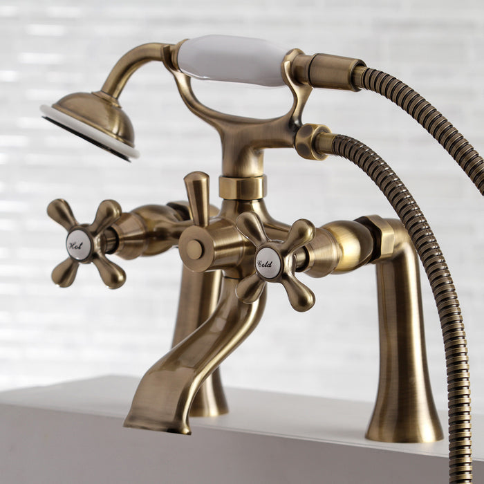 Kingston Heirloom KS268AB - Kingston Three-Handle 2-Hole Deck-Mount Clawfoot Tub Faucet with Hand Shower, Antique Brass