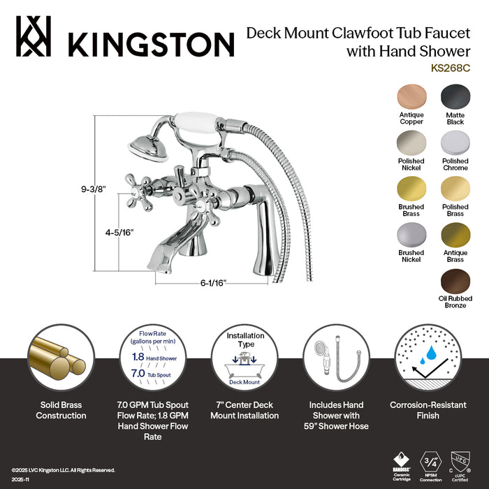 Kingston Heirloom KS268AC - Kingston Three-Handle 2-Hole Deck-Mount Clawfoot Tub Faucet with Hand Shower, Antique Copper