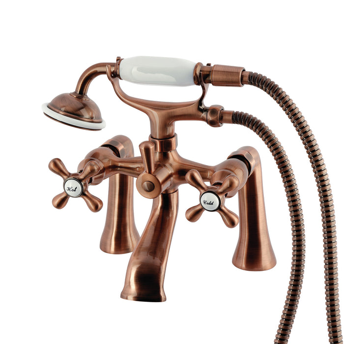 Kingston Heirloom KS268AC - Kingston Three-Handle 2-Hole Deck-Mount Clawfoot Tub Faucet with Hand Shower, Antique Copper