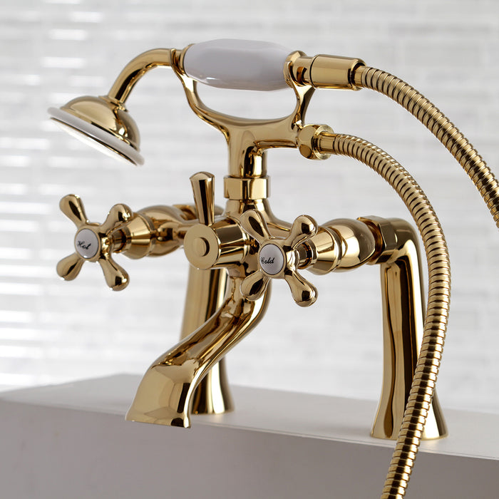 Kingston Heirloom KS268PB - Kingston Three-Handle 2-Hole Deck-Mount Clawfoot Tub Faucet with Hand Shower, Polished Brass