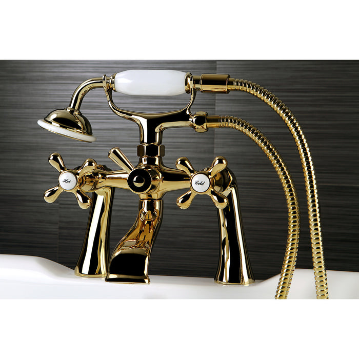Kingston Heirloom KS268PB - Kingston Three-Handle 2-Hole Deck-Mount Clawfoot Tub Faucet with Hand Shower, Polished Brass