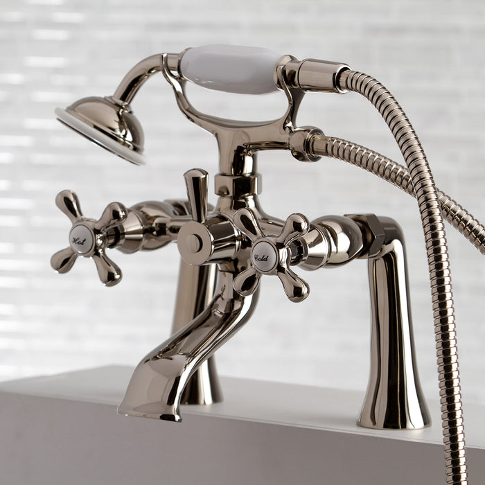 Kingston Heirloom KS268PN - Kingston Three-Handle 2-Hole Deck-Mount Clawfoot Tub Faucet with Hand Shower, Polished Nickel