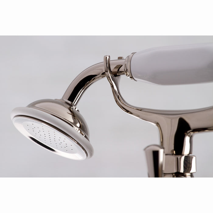 Kingston Heirloom KS268PN - Kingston Three-Handle 2-Hole Deck-Mount Clawfoot Tub Faucet with Hand Shower, Polished Nickel