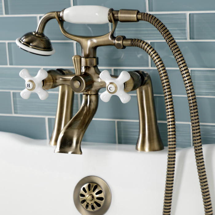 Kingston Heirloom KS268PXAB - Kingston Three-Handle 2-Hole Deck-Mount Clawfoot Tub Faucet with Hand Shower, Antique Brass