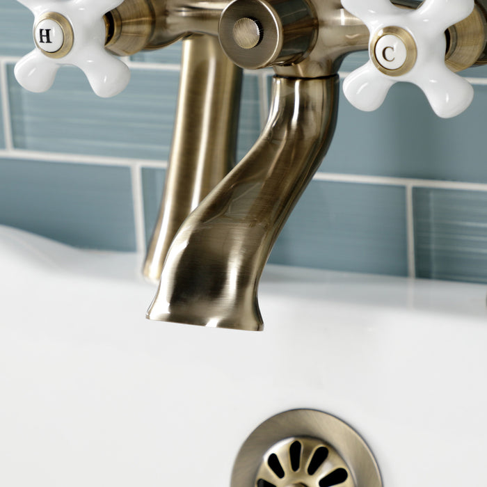 Kingston Heirloom KS268PXAB - Kingston Three-Handle 2-Hole Deck-Mount Clawfoot Tub Faucet with Hand Shower, Antique Brass