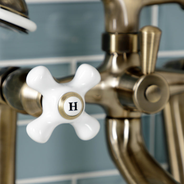 Kingston Heirloom KS268PXAB - Kingston Three-Handle 2-Hole Deck-Mount Clawfoot Tub Faucet with Hand Shower, Antique Brass
