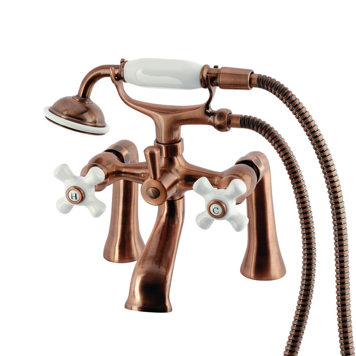 Kingston Heirloom KS268PXAC - Kingston Three-Handle 2-Hole Deck-Mount Clawfoot Tub Faucet with Hand Shower, Antique Copper