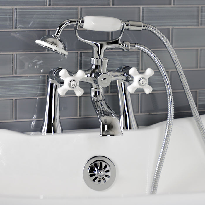 Kingston Heirloom KS268PXC - Kingston Three-Handle 2-Hole Deck-Mount Clawfoot Tub Faucet with Hand Shower, Polished Chrome