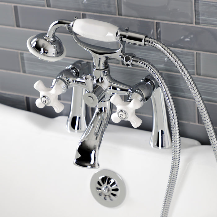 Kingston Heirloom KS268PXC - Kingston Three-Handle 2-Hole Deck-Mount Clawfoot Tub Faucet with Hand Shower, Polished Chrome
