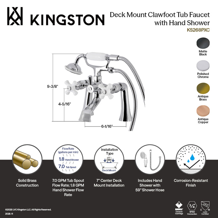 Kingston Heirloom KS268PXMB - Kingston Three-Handle 2-Hole Deck-Mount Clawfoot Tub Faucet with Hand Shower, Matte Black