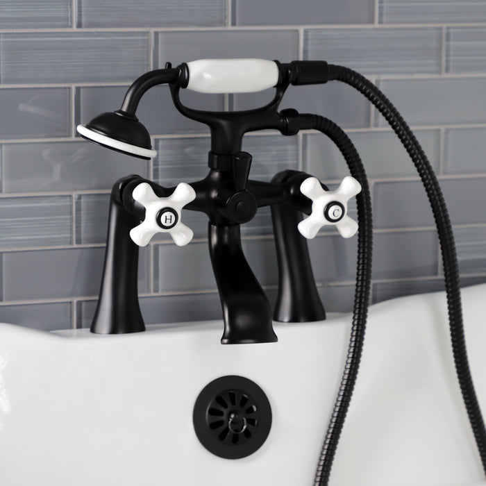 Kingston Heirloom KS268PXMB - Kingston Three-Handle 2-Hole Deck-Mount Clawfoot Tub Faucet with Hand Shower, Matte Black