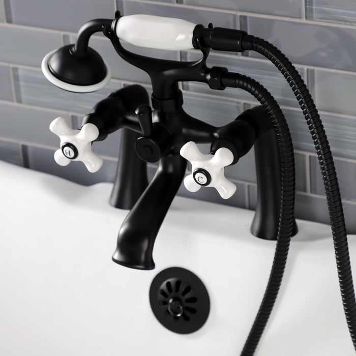 Kingston Heirloom KS268PXMB - Kingston Three-Handle 2-Hole Deck-Mount Clawfoot Tub Faucet with Hand Shower, Matte Black