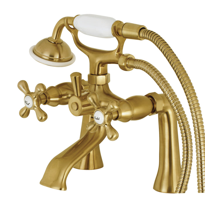 Kingston Heirloom KS268SB - Kingston Three-Handle 2-Hole Deck-Mount Clawfoot Tub Faucet with Hand Shower, Brushed Brass