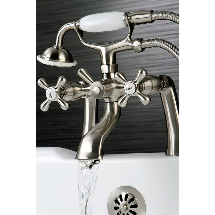 Kingston Heirloom KS268SN - Kingston Three-Handle 2-Hole Deck-Mount Clawfoot Tub Faucet with Hand Shower, Brushed Nickel
