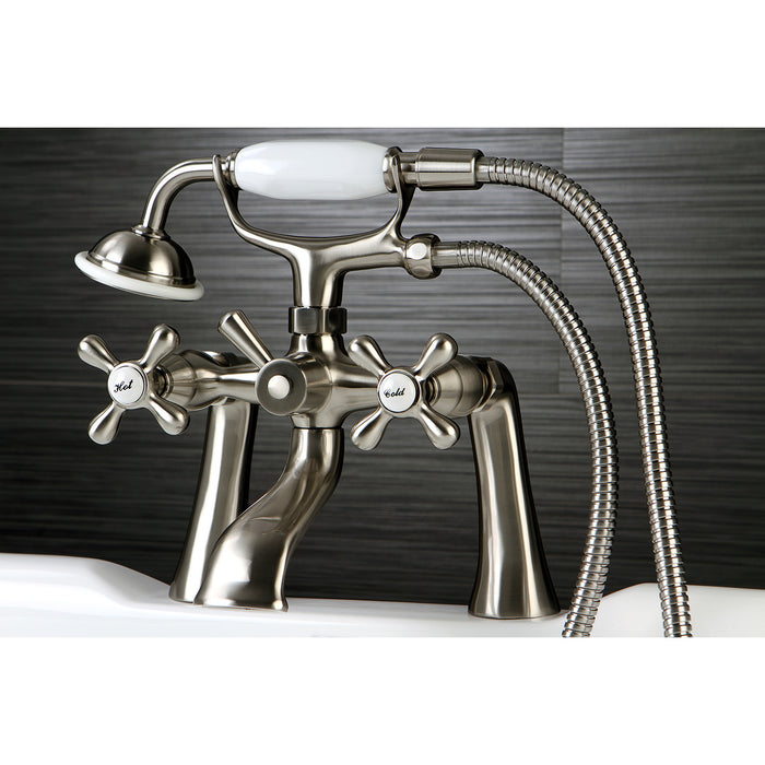 Kingston Heirloom KS268SN - Kingston Three-Handle 2-Hole Deck-Mount Clawfoot Tub Faucet with Hand Shower, Brushed Nickel