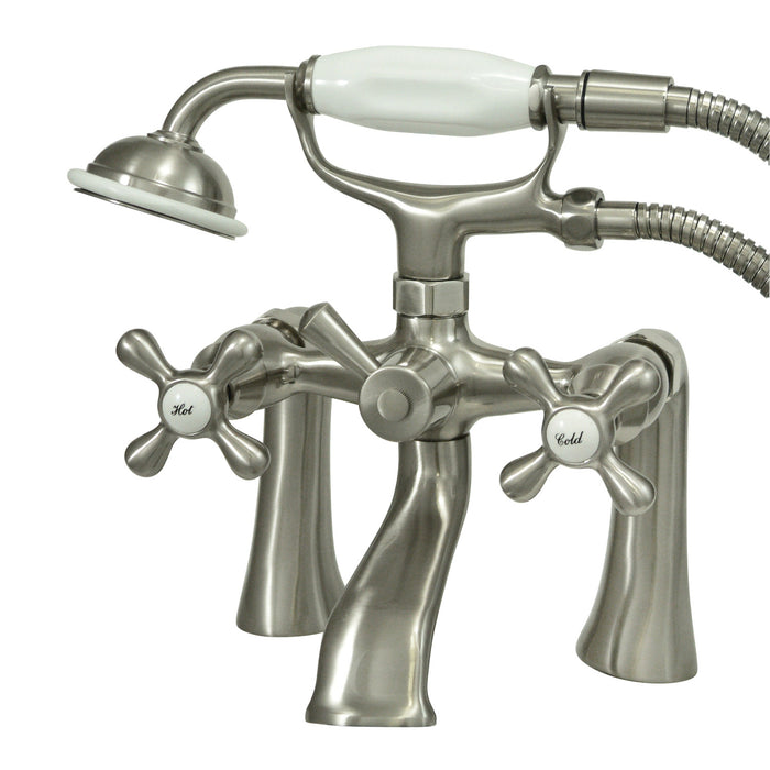 Kingston Heirloom KS268SN - Kingston Three-Handle 2-Hole Deck-Mount Clawfoot Tub Faucet with Hand Shower, Brushed Nickel