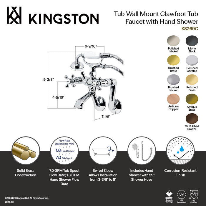 Kingston Heirloom KS269AC - Kingston Three-Handle 2-Hole Tub Wall Mount Clawfoot Tub Faucet with Hand Shower, Antique Copper