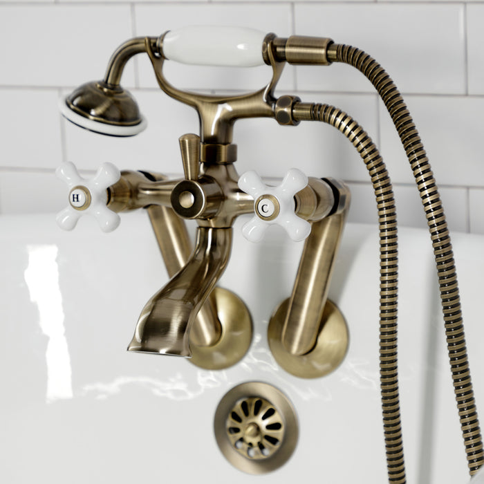 Kingston Heirloom KS269PXAB - Kingston Three-Handle 2-Hole Tub Wall Mount Clawfoot Tub Faucet with Hand Shower, Antique Brass