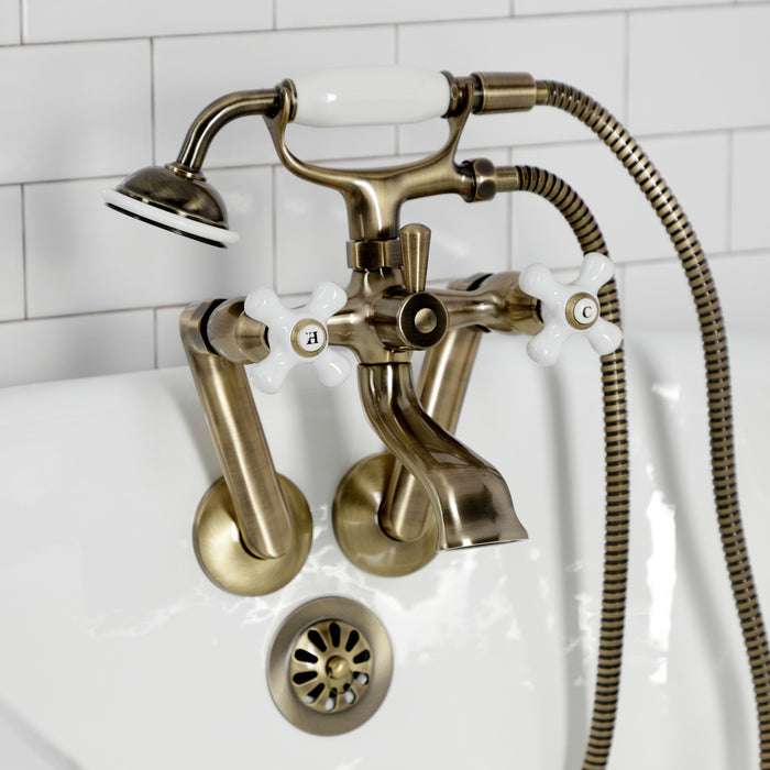 Kingston Heirloom KS269PXAB - Kingston Three-Handle 2-Hole Tub Wall Mount Clawfoot Tub Faucet with Hand Shower, Antique Brass