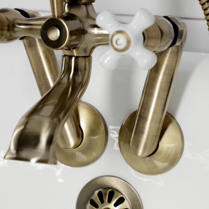Kingston Heirloom KS269PXAB - Kingston Three-Handle 2-Hole Tub Wall Mount Clawfoot Tub Faucet with Hand Shower, Antique Brass