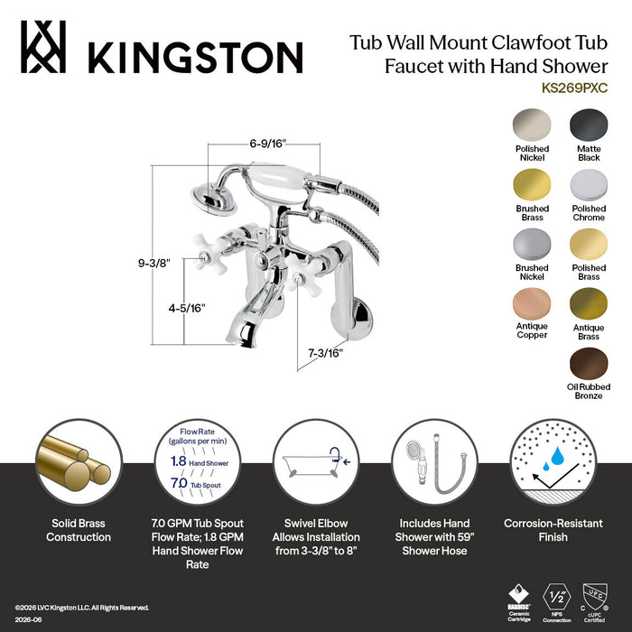 Kingston Heirloom KS269PXAC - Kingston Three-Handle 2-Hole Tub Wall Mount Clawfoot Tub Faucet with Hand Shower, Antique Copper