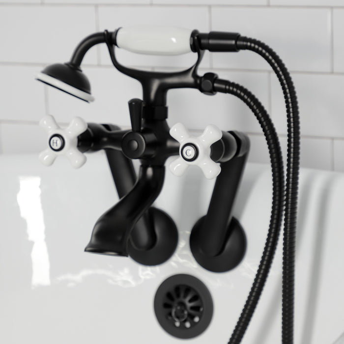 Kingston Heirloom KS269PXMB - Kingston Three-Handle 2-Hole Tub Wall Mount Clawfoot Tub Faucet with Hand Shower, Matte Black
