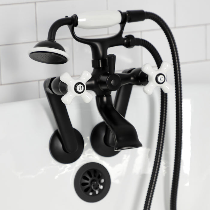 Kingston Heirloom KS269PXMB - Kingston Three-Handle 2-Hole Tub Wall Mount Clawfoot Tub Faucet with Hand Shower, Matte Black