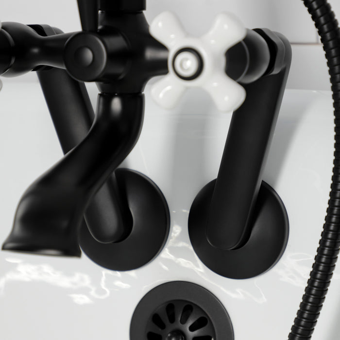 Kingston Heirloom KS269PXMB - Kingston Three-Handle 2-Hole Tub Wall Mount Clawfoot Tub Faucet with Hand Shower, Matte Black