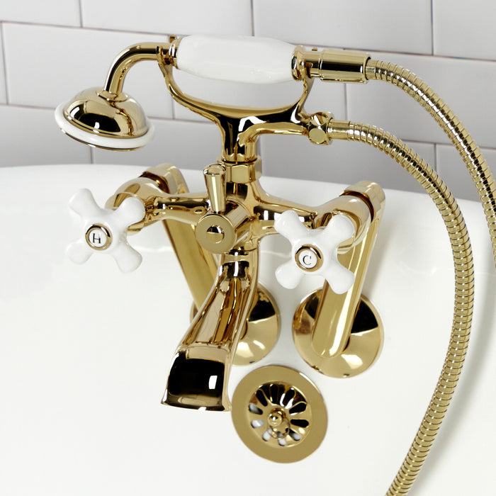 Kingston Heirloom KS269PXPB - Kingston Three-Handle 2-Hole Tub Wall Mount Clawfoot Tub Faucet with Hand Shower, Polished Brass