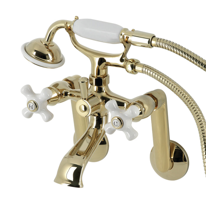Kingston Heirloom KS269PXPB - Kingston Three-Handle 2-Hole Tub Wall Mount Clawfoot Tub Faucet with Hand Shower, Polished Brass
