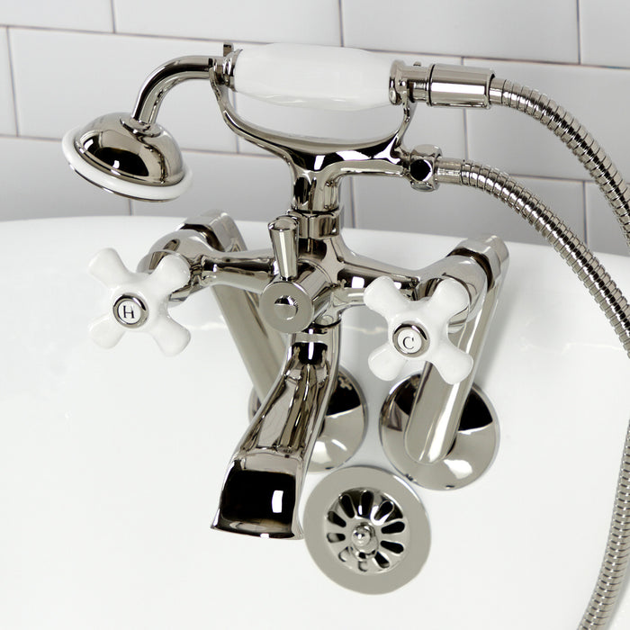 Kingston Heirloom KS269PXPN - Kingston Three-Handle 2-Hole Tub Wall Mount Clawfoot Tub Faucet with Hand Shower, Polished Nickel