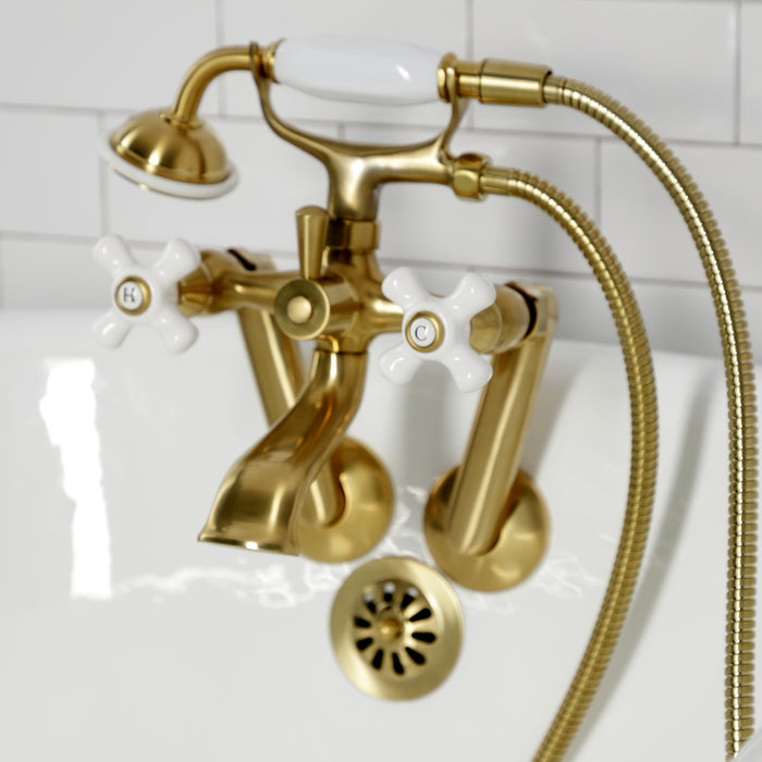 Kingston Heirloom KS269PXSB - Kingston Three-Handle 2-Hole Tub Wall Mount Clawfoot Tub Faucet with Hand Shower, Brushed Brass