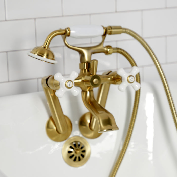 Kingston Heirloom KS269PXSB - Kingston Three-Handle 2-Hole Tub Wall Mount Clawfoot Tub Faucet with Hand Shower, Brushed Brass