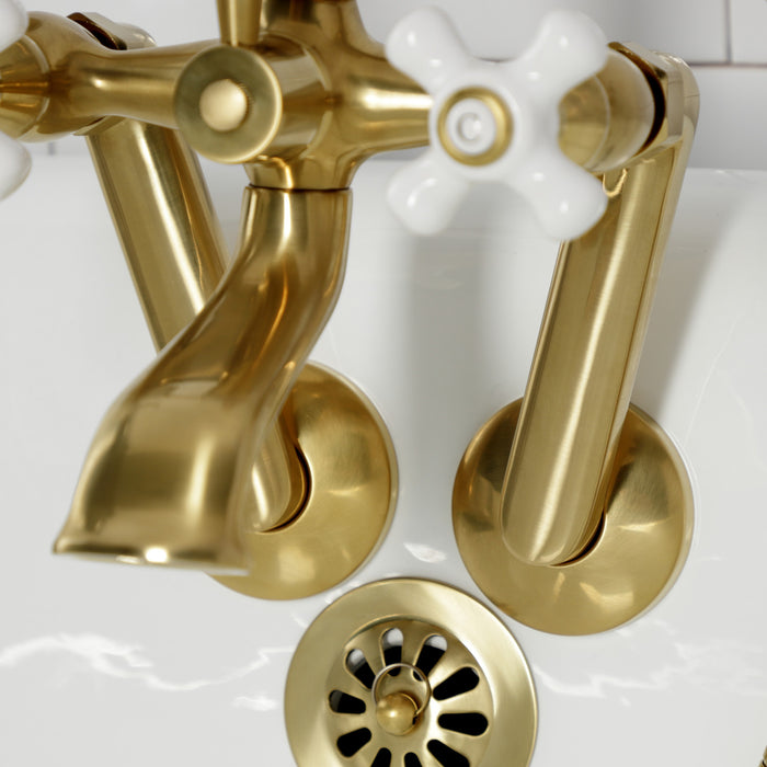 Kingston Heirloom KS269PXSB - Kingston Three-Handle 2-Hole Tub Wall Mount Clawfoot Tub Faucet with Hand Shower, Brushed Brass