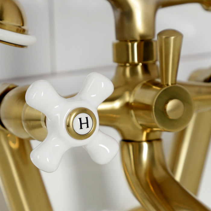 Kingston Heirloom KS269PXSB - Kingston Three-Handle 2-Hole Tub Wall Mount Clawfoot Tub Faucet with Hand Shower, Brushed Brass